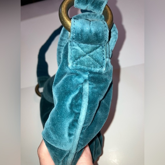 Velour Purse With Button Closure & Patina Gold Hardware | Rich Teal Color | AE - Picture 3 of 7